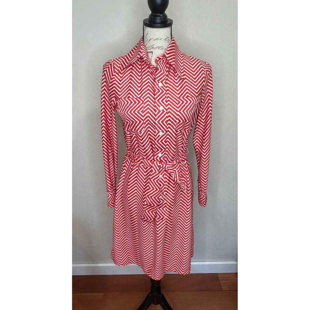 Vintage Young Dimensions for Saks Fifth Avenue Red White Chevron Shirt Dress 8
